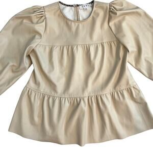 THML Ecru Cream Vegan Faux Leather Tiered Peplum Top 3/4 Sleeve Size S